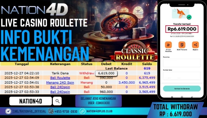 NATION4D -LIVE CASINO ROULETTE RP.6.619.000 LUNAS!