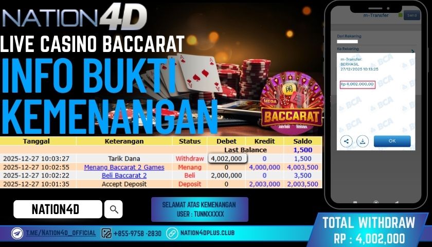 NATION4D -LIVE CASINO BACCARAT  RP.4,002,000LUNAS!