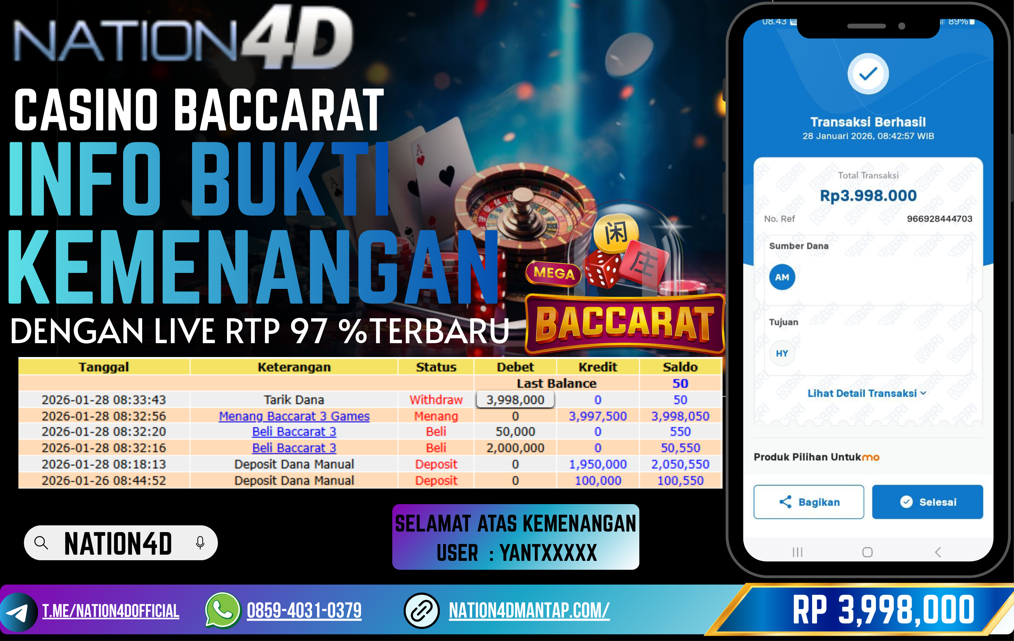 NATION4D-LIVE CASINO BACCARAT RP 3,998,000  - LUNAS!