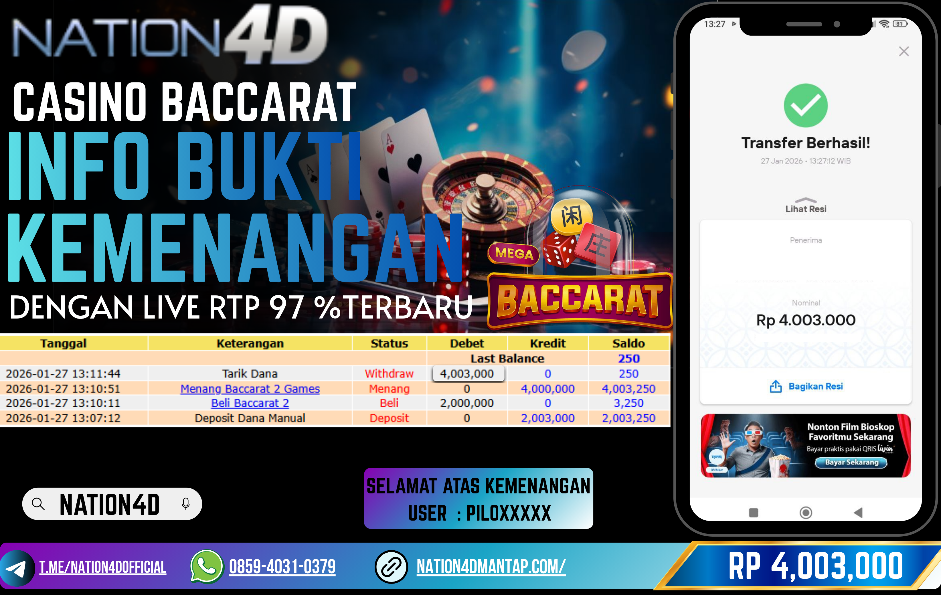 NATION4D-LIVE CASINO BACCARAT RP.4,003,000 - LUNAS!