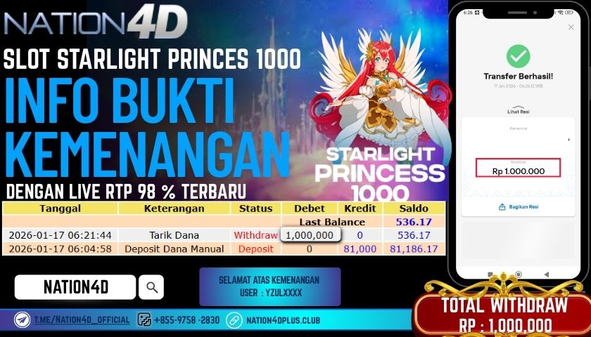 NATION4D SLOT STARLIGHT PRINCESS 1000 RP. 1,000,000 – LUNAS!!