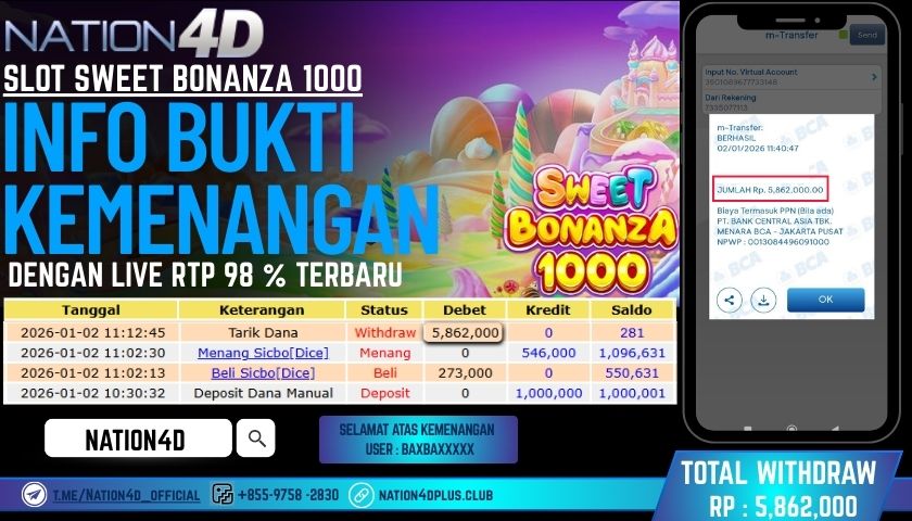 NATION4D-SLOT SWEET BONANZA 1000 RP.5,862,000 – LUNAS