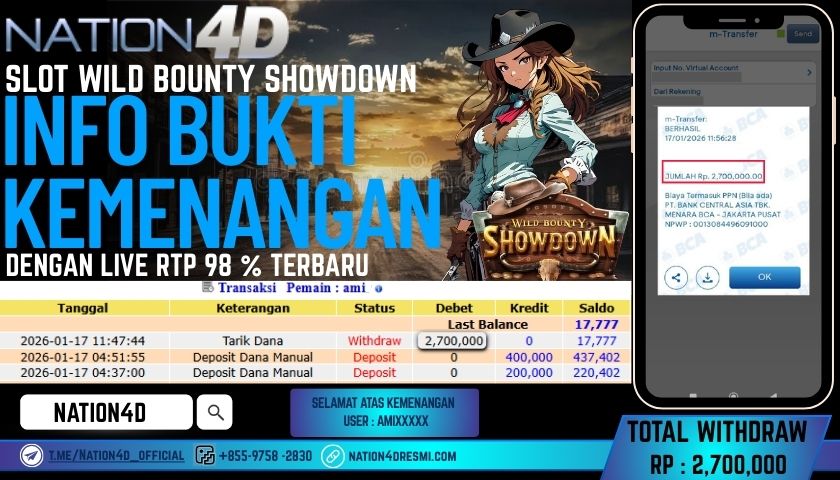 NATION4D SLOT WILD BOUNTY SHOWDOWN RP. 2,700,000 – LUNAS!!