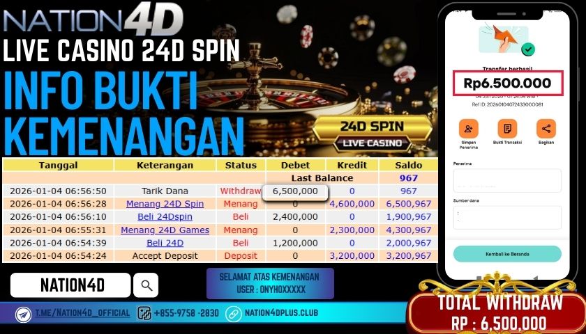 NATION4D -LIVE CASINO 24D SPIN RP.6,500,000 LUNAS!